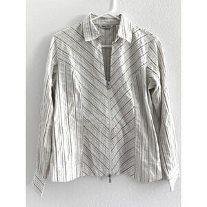 Vtg Quizz Again Womens Size M Collared LS Textured Zip Up Blouse Cream Green‎